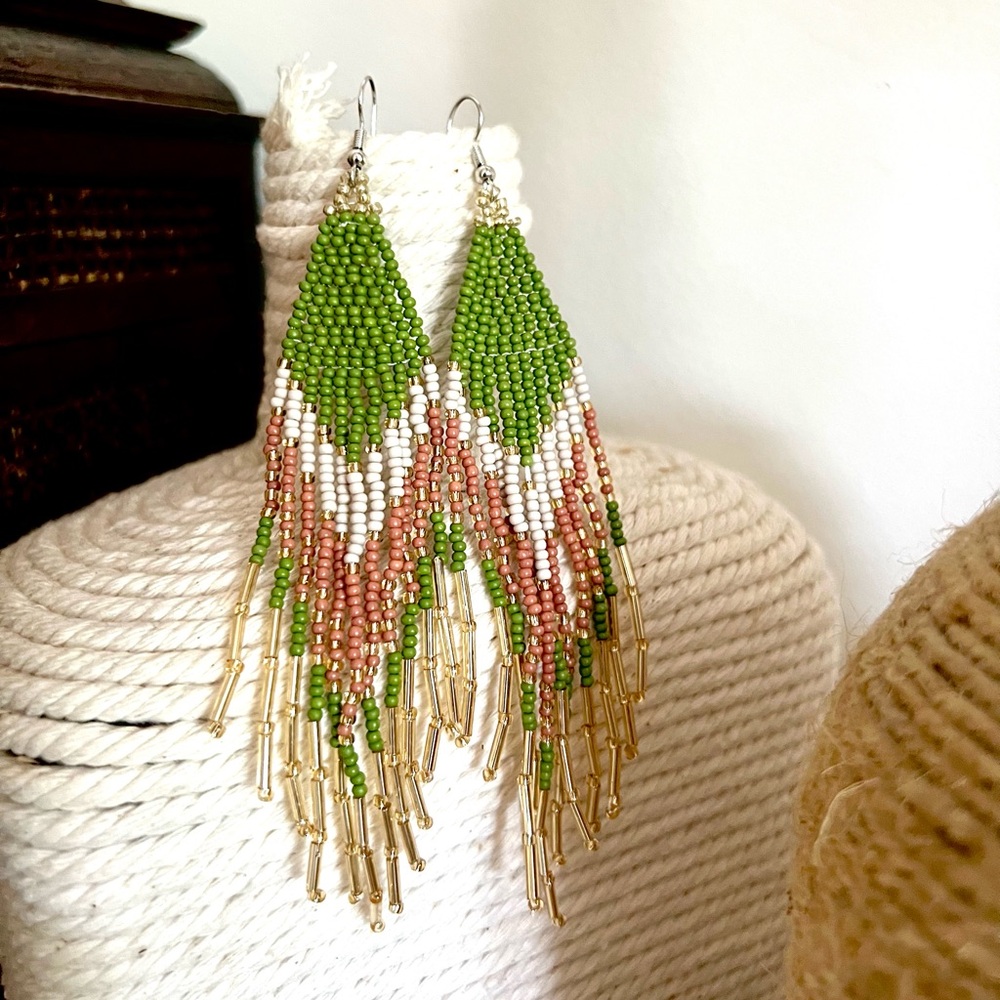 Olive and Terracotta Handcrafted Beaded Fringe Earrings